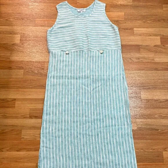 Vintage Cynthia Max Relax Linen Blend Maxi Dress Sleeveless Pocket Slit Green L - Picture 1 of 11